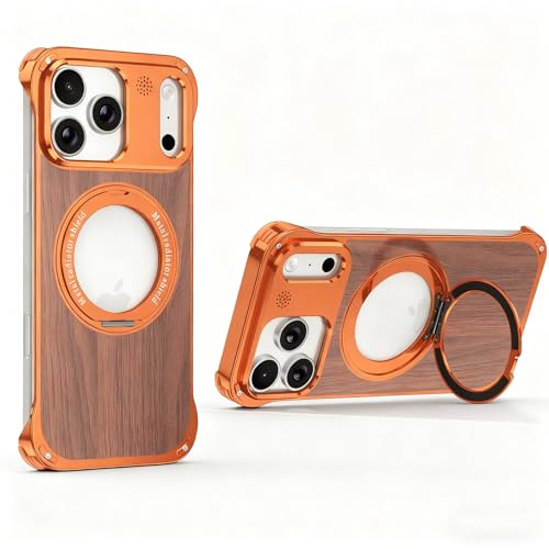HUHUCASE Valnötsträ + metall doftande magnetiskt telefonfodral, för iPhone 17 Pro Max, ramlöst roterande stativ, fyra hörn droppskyddsfodral (iPhone 17promax, orange)