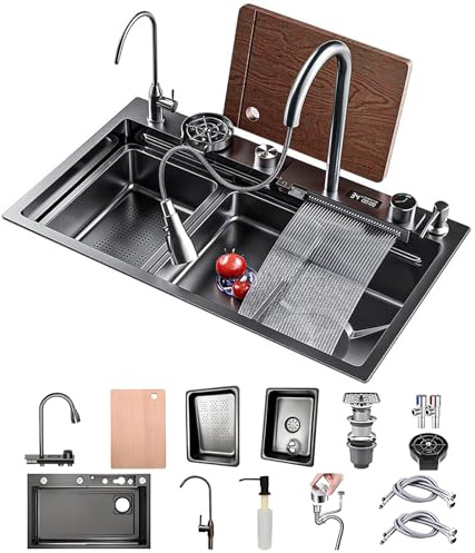 Lavello da cucina con cascata nera, rettangolare in acciaio inossidabile, 1 lavandino da 90 × 50 cm, con rubinetto estraibile, sifone e troppopieno, lavello da bar multifunzionale, set di stazione di