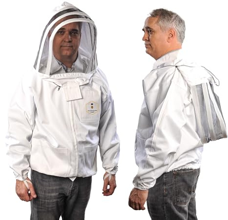 Beekeeping Jacket with Fencing Veil and Gloves, Cotton Bee Jacket for Men and Women, Heavy-Duty Brass Zippers (Medium)