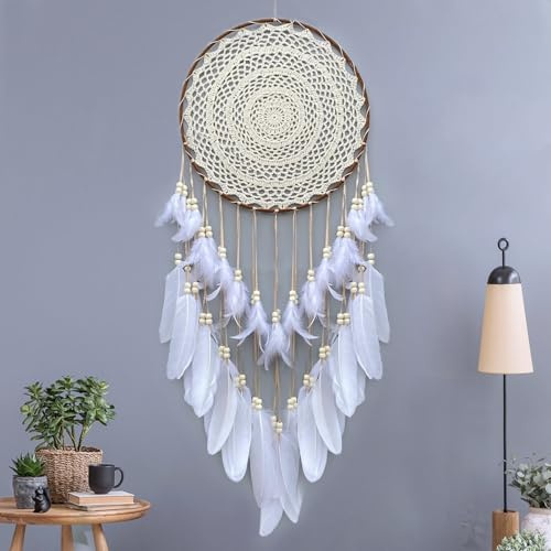 Malicosmile Large White Dream Catcher, Handmade Big Dream Catchers for Bedroom Wall Hanging Wedding Party Decor with a Greeting Card Gift (11.8 Inches in Diameter)
