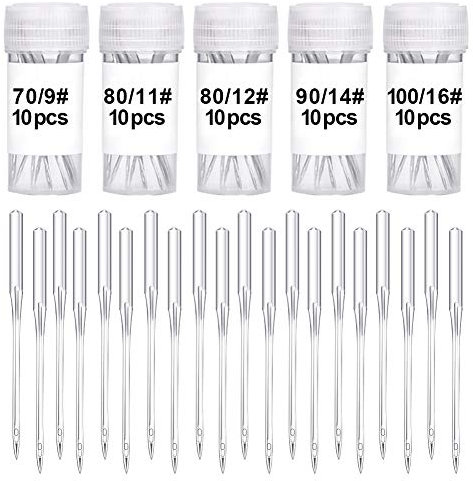 Wamkon 50 Stücke Nähmaschine Nadel Set, 5 Größen 70/9, 80/11, 80/12, 90/14, 100/16 Nähen Maschine Nadel, Universal Nähmaschine Nadeln Set für Haushalt Nähen