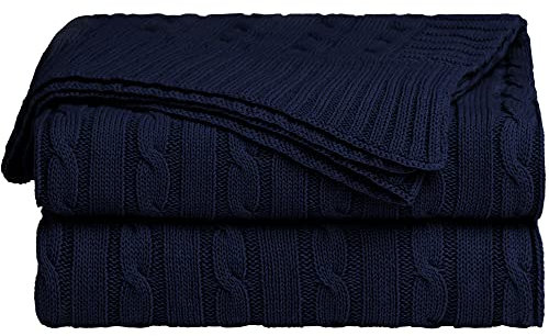 sourcing map Soft 100% Cotton Knitted Throw Blanket for Sofa and Couch Lightweight Cable Knit Bed Blanket Home Decorative Blanket Navy Blue 60x78 Inches