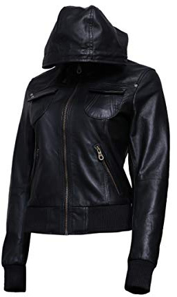 Artistry Leather Womens Genuine Lambskin Leather Motorcycle Jacket with Removable Hood Black - Hooded bomber jacket