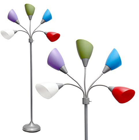 Simple Designs LF2006-SDM 67 Contemporary Multi Head Medusa 5 Light Adjustable Gooseneck Silver Floor Lamp with Primary Dark Multicolored Shades for Kids Bedroom Playroom Living Room Office