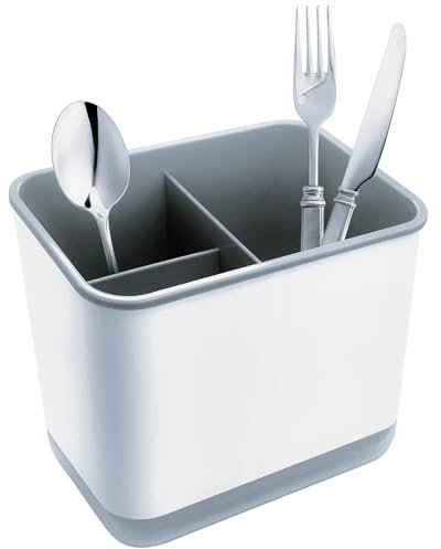 XFLYP Utensil Holder Cutlery Drainer Sink Caddy, 3 Compartments with Drainer, Cutlery Holder for Kitchen and Bathroom Storage Plastic Tableware Storage Drain Box Sink Cleaning Up (Grey)