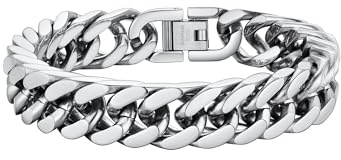 PROSTEEL Pulsera Cubana Hombre Plata Acero Inoxidable 12mm Pulseras Cubanas Cadenas Eslabones Gruesos Grandes Plateado Joyas Hombres Mujer 19cm