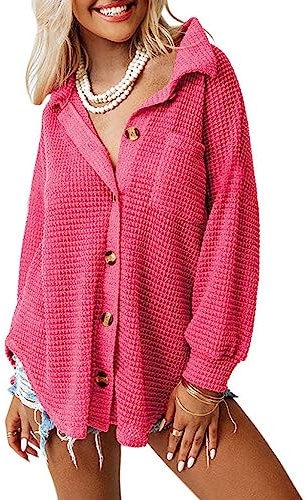 Dokotoo Spring Tops for Women 2026 Oversized Long Sleeve Button Up Pocket Shirts Ladies Loose Fit Waffle Knit V Neck Solid Color Tunic Blouse Hot Pink Tops Medium