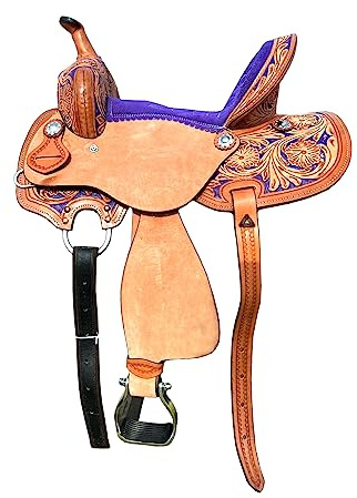 Sillín de barril de caballo Western Kids de 8, 10, 12 y 13 pulgadas para montar a caballo, sillín floral con conchos plateados ME-WLS-223 (asiento de 13 pulgadas)