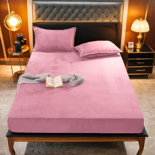 Gezu Spannbetttuch Warm Winter Flauschige Plüsch Spannbettlaken 200x200cm Rosa Altrosa Fleece Flanell Cashmere Touch Spannbetttuch Winter Kuschelig Bettlaken für 25 bis 30cm Matraze
