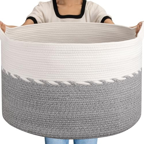 OIAHOMY Cesto portabiancheria extra largo in corda di cotone con manici per soggiorno, 63,5 x 40,6 cm, grigio
