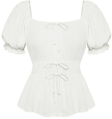 SCARLET DARKNESS Camicetta da donna rinascimentale con scollo quadrato, maniche corte, elastico in vita, bianco, XXL