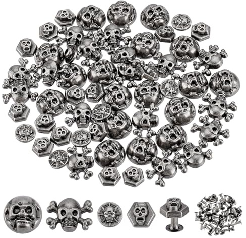 PH PandaHall 80 set dödskallhuvud nitar skruv tillbaka skalle nitar, 4 stilar skalle dekorativa nitar antik silver skelett spöke nit för kläder väska läderbälte gör-det-själv hantverk tillverkning