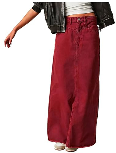 2025 Jupe longue vintage en denim pour femme Ourlet taille haute Ligne A Jupe longue en jean daim, rouge, M
