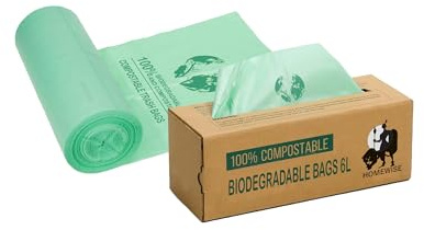 Homewise 150-Pack 6L Compost Bin Liners – 100% Biodegradable & Plastic-Free Kitchen Waste Bags – EN13432 Certified, Super Strong & Leakproof – Includes Convenient Dispenser Box (Green, 35x36cm)