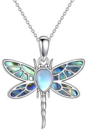 YFN 925 Sterlingsilber Libelle Halskette Frauen Abalone Mondstein Libelle Anhänger 18+2 Verstellbarer Kette Hypoallergener Naturinspirierter Schmuck Geschenk für Geburtstag/Jahrestag/Muttertag