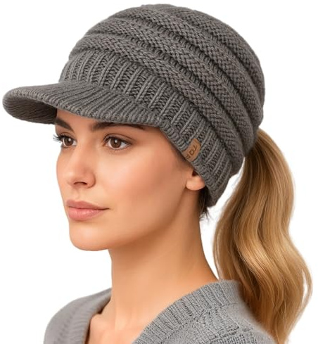 TOP-EX Icelandic Wool Ladies Beanie for Women Hidden Ponytail Knit Hat Fleece Lined Warm Winter Hat UK with Visor Cold Weather Gift Grey