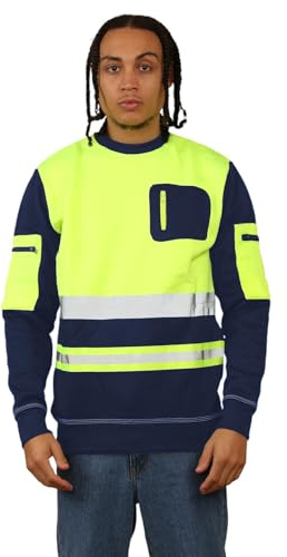 Janisramone® Pull Haute Visibilité Homme, Col Ras du Cou Manches Longues Polaire Sweat-Shirt, Reflechissante Pull Travail, vêtements de Sécurité