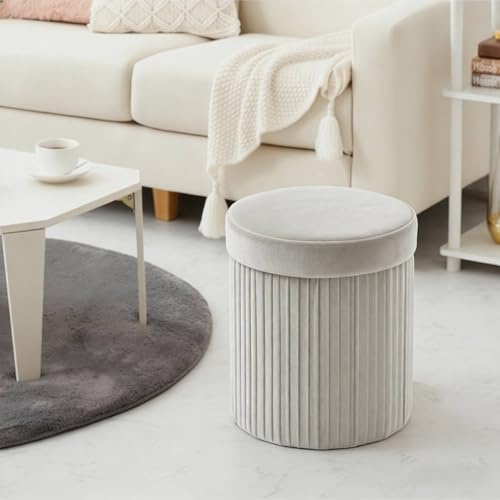 Zedelmaier Samt Hocker mit Stauraum Rund Sitzhocker mit Stauraum Rundhocker Faltbar Fußhocker für Wohnzimmer & Schlafzimmer Kleiner Hocker, Ø 38 x 36 cm, 36 L (Grau)