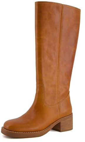 CUSHIONAIRE Sawyer Genuine Leather Tall Chunky Heel Womens Boots - Pull On Casual Knee High Boots for Women, SADDLE 8