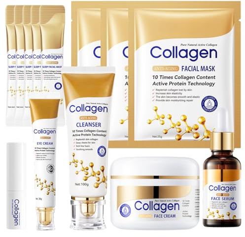 13 Stück Collagen Skincare Set, Anti Aging Korean Skincare Set mit Gesichtsreiniger, Creme, Serum, Maske & Lippenbalsam, Feuchtigkeit & Straffend Gesichtspflege Set Damen, Perfektes Damen Geschenkset