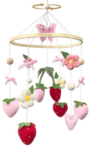 Mobile Baby mit Erdbeere, Blumen und Filzbällen Mädchen baby mobile windspiel für Babybett, Mobile Baby Wickeltisch, Kinderzimmer Babyzimmer Deko, Geschenk (Erdbeere)
