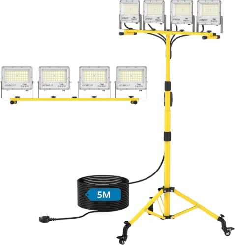 AUTOUTLET Foco de Trabajo Cabezales Rotación de 360° 6500K, Impermeable IP66 Con Cable 5m y Trípode Ajustable para Construcción,Acampada,Taller (4x70w)