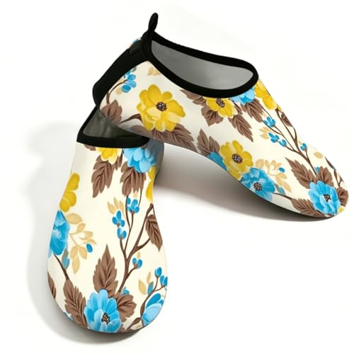 Mexpekil Strand-Wasserschuhe für Damen und Herren, rutschfeste Barfuß-Schwimmschuhe, schnell trocknend, Aqua-Socken, atmungsaktive Wassersocken für Pool, Surfen, Gelb / Braun mit Blumenmuster, 36.5