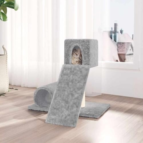 Tiragraffi tutto in uno con casetta, tunnel e scala, grigio chiaro, 59 cm, rivestimento in morbido peluche, colonna tiragraffi in sisal naturale per istinto di graffi, istruzioni di montaggio incluse