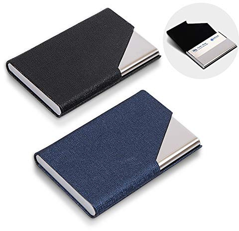 homEdge Slim Professional - Soporte para Tarjetas de Visita, 2 Unidades, Piel sintética + Funda de Acero Inoxidable, Color Negro y Azul