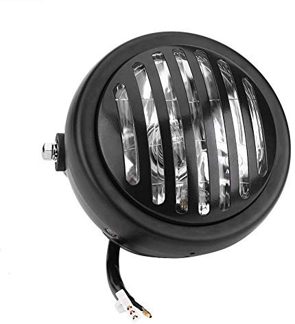 HANSWDEU Phare avant de moto vintage de 16,3 cm, style grille ambre, café, racer, bobber, chopper, universel, pour H arley Cafe Racer (verre noir jaune) (coque noire, verre blanc)