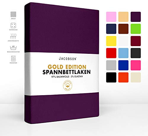 Jacobson Gold Edition Jersey Spannbettlaken Spannbetttuch Baumwolle mit ELASTAN ca. 200 g/m² (200 x 220 cm + 40cm, Royal Lila)