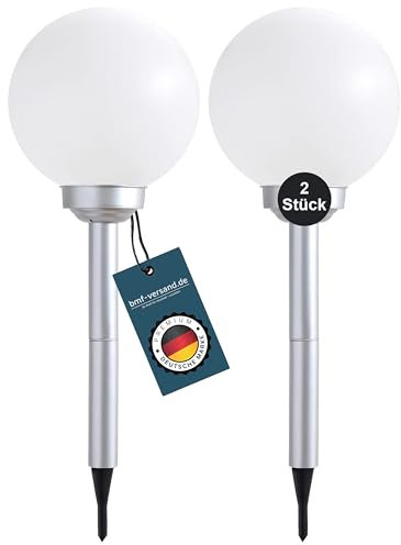 bmf-versand® LED-Solarkugel 2er Set - Solar Kugelleuchte Silber weiß - Außenkugelleuchte mit Stab - runde Solarlampen für Außen Garten - Gartenleuchte Spritzwasser geschützt - Solarleuchte