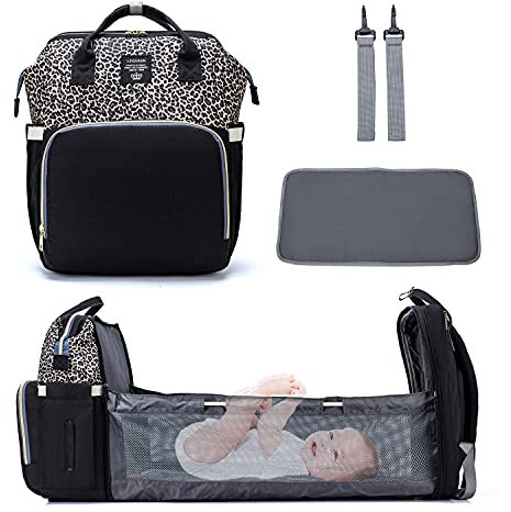 BANNESE Baby Wickelrucksack Wickeltasche Mit 2 Pcs Kinderwagen-Haken, Leichtes Klappbett Babybett Mehrzweck Reisetasche Babytasche Für Ausgehen Reisen Einkaufen Rucksack,Leopard Coffee