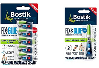 Bostik Fix & Glue - Colle Extra Forte 2.0 - Liquide en 5 Tubes de 0,5 g & Gel en 1 Tube de 3 g - Prise Instantanée en 5 Secondes