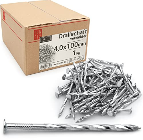 Lun Fix Asta rotante 4 x 100 mm – 1 kg | Chiodi in legno per lavori di costruzione, chiodi zincati, lunghezza 100 mm, punta piatta per falegnameria, strutture di tetto, carpenteria