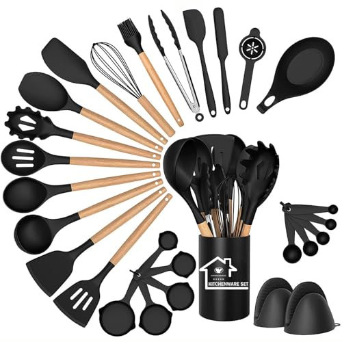 Silicone Kitchen Utensils Set, 28pcs Kitchen Silicone Utensils Set, Kitchen Accessories for Nonstick Heat Resistant Utensil Set, Kitchen Tools & Gadgets, Black