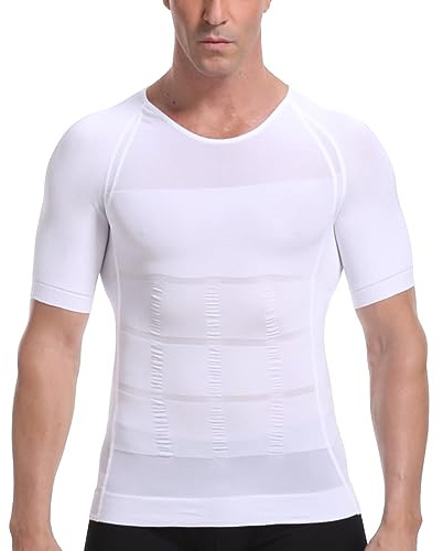 FONCBIEN Men's Compression Shirt, Tummy Control Body Shaper Vest, Slimming Elastic Tops, Waist Trainer, Posture Corrector Undershirt (L White)