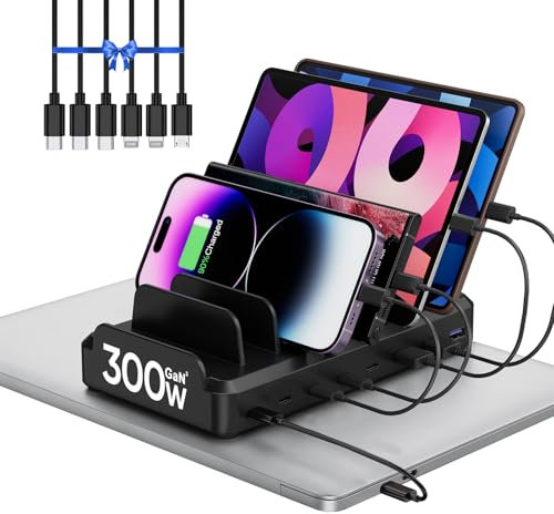 Estación de carga de 300 W para múltiples dispositivos, estación de carga rápida multiUSB C de 8 puertos para MacBook iPhone 16/15/14/13/12 Samsung Pixel Series, iPad, color negro (6 cables cortos