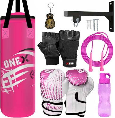 Kids *Punching bag* Gloves Boxing Bag Rucksack Mount Hook Set 2ft Set, Perfect for Junior/Children Workout (Pink)