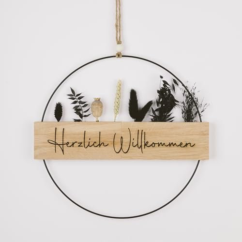 Türkranz Haustür mit Trockenblumen I Dekokranz ganzjährig I Willkommenskranz mit Herzlich Willkommen graviert I Türdekoration außen & innen I personalisierbar (Trockenblumen Schwarz)