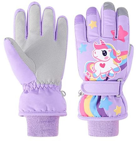 Jupsk Kinder Winter Skihandschuhe Wasserdicht Snowboard Handschuhe Anti-Rutsch Plüsch Gefüttert Warm Einhorn Handschuhe für Mädchen Jungen 3-5 Jahre alt
