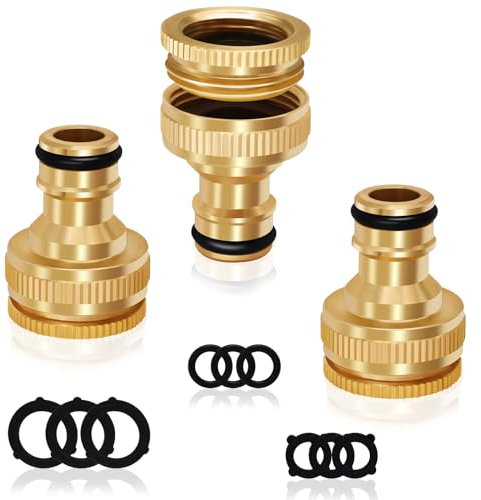 3 Pack Brass Garden Hose Quick Tap Connector,1/2 Inch to 3/4 Inch 2-in-1 BSP Female Threaded Faucet Adapter for Gardening Hose, Washing Machine (A)