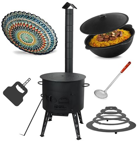 Ø49cm Uchag 2mm stahl Utschak mit Adapter-Ringe Rohr 22L Kazan rund Kasan Utschag Feldküche Feuerstelle Campingofen Außenküche Eintopfofen Schaumkelle Grillfächer Orientalischer Teller