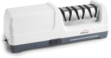 Lacor - 69432 - Affilacoltelli Drei, Elettrico 18 W, 3 Stadi, con Dischi Diamantati, Per Coltelli in Acciaio e Ceramica, Base Antiscivolo e Magnetica, 2800 giri/min, Misure 26,5x10,7 cm