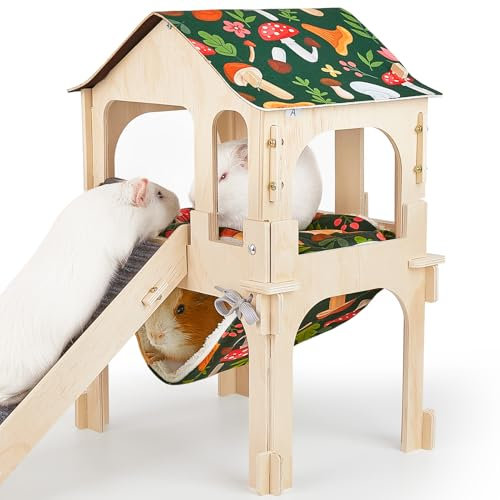 Bienbee Meerschweinchenversteck Großes Meerschweinchenschloss aus Holz mit Treppe, Hängematte und Matte, abnehmbares Doppeldecker-Meerschweinchenhaus für Häschen Hamster Chinchilla Frettchen Kaninchen