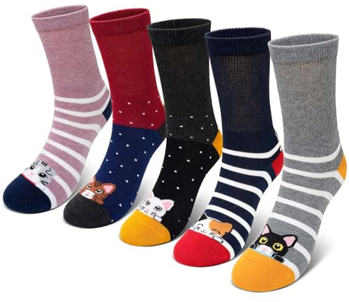 PUTUO Calze Bambina Calzini Bambino: Calze Cotone Traspiranti e Senza Cuciture per Bimba – Calzini a Bordo Largo para Bambini Taglia 31-34 Motivo a gatto 5 Paia