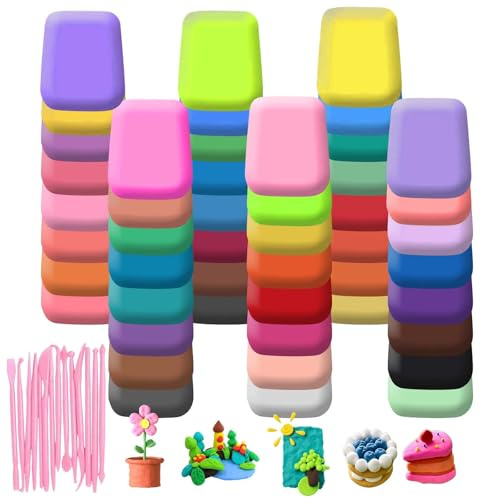 Modelliermasse Lufttrocknend Ton,Air Dry Clay Set,Modelliermasse Kinder 48 Farben Lufttrocknend Set, bunte Knetmasse weich formbar, Bastelton DIY Kreativmaterial für Kindergeburtstag Schule