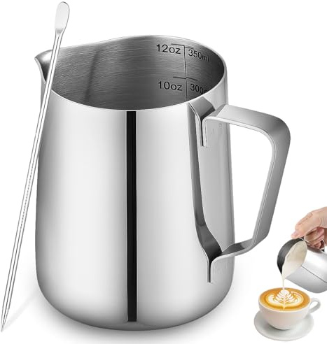 ​ISHEWUDU Milk Frother Jug 350ml with Latte Art Pen, Stainless Steel Milk Jug for Coffee Machine and Barista, Coffee Milk Jug Set for Latte Art, Cappuccino, Home Use​