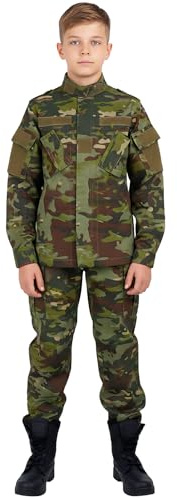 QIYUANT Bambini All'aperto Set di Giacca e Pantaloni Abbigliamento Tattico Airsoft Militare Camuffare Primavera Estate Autunno Escursionismo Caccia Campeggio (CP Verde, 140)