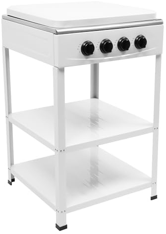 Estufa de gas con cuatro quemadores, encimera de gas blanca independiente, 49 × 49 × 79 cm, gran cocina de camping para exteriores con placa de cubierta extraíble, adecuada para camping, pesca, viajes